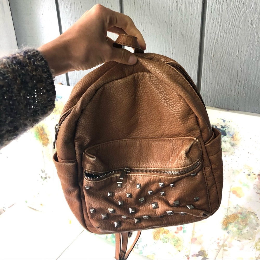 Beautiful Soft girl Vegan Studded Leather Backpack in Tan 9 by 10 inches - Picture 3 of 14